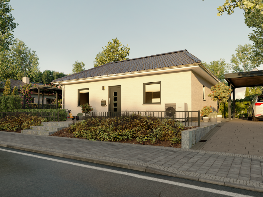 Bungalow 78 in moderner Putzoptik mit Carport, Vorgarten und gepflastertem Zugang, aufgenommen von der Straßenseite bei Tageslicht ohne Verschattung.
