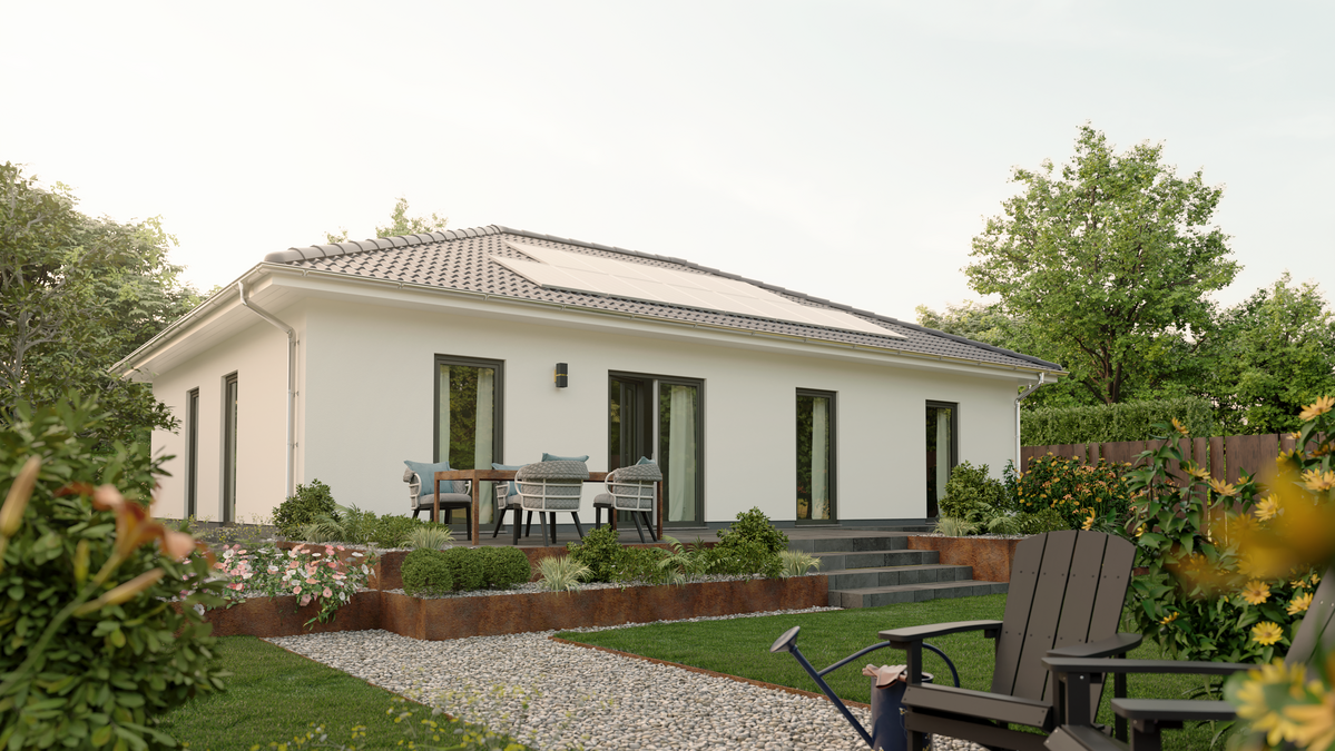 Gartenansicht vom Bungalow 110 mit offener Architektur und moderner Terrasse